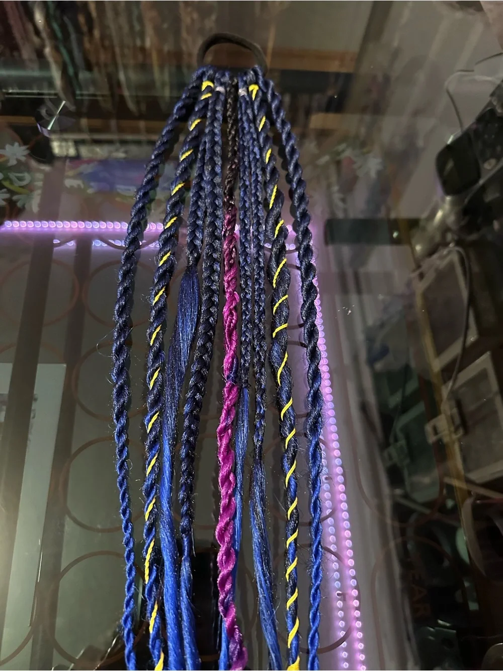 Navy Blue Braided Hair Extensions with Purple & Yellow Accents